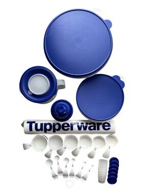 Vintage Tupperware 1990’s bowls, shaker, measuring cups & spoons, midgets, mat